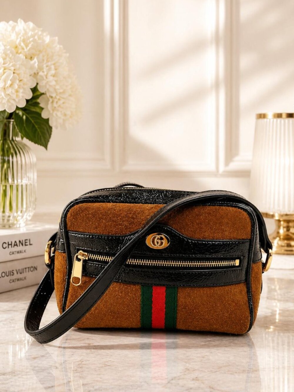 Authentic Gucci Ophidia Suede Mini Crossbody Bag Brown GG Stripe Camera Bag